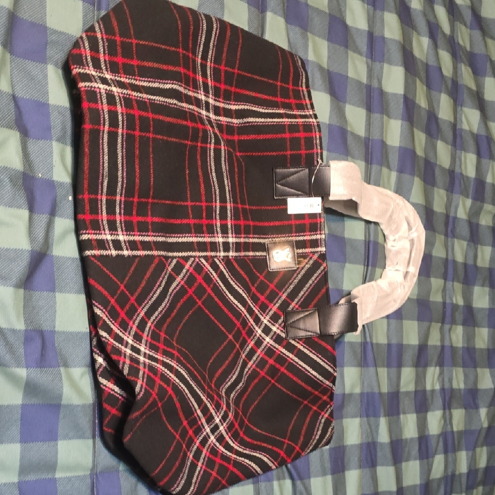 Victoria's Secret Black Plaid Tote with Red & White Accents